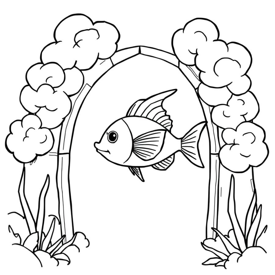 Angelfish Swimming Through A Gate Made Of Pearly Clouds Coloring Page