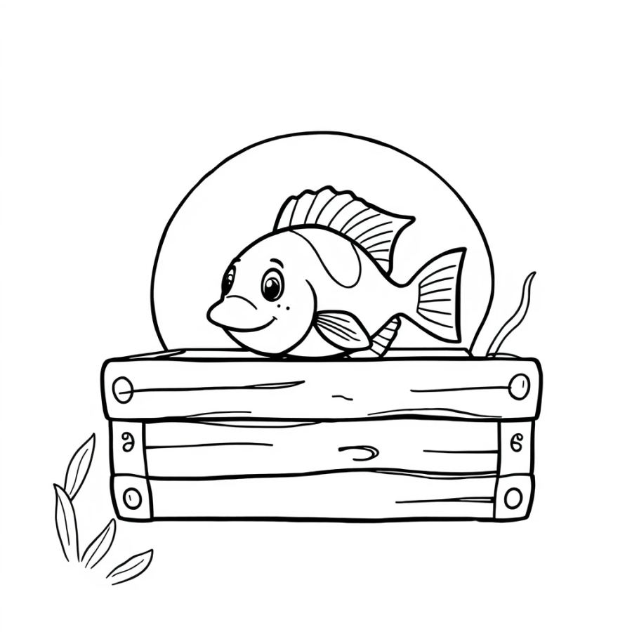 Tropical Fish Swimming Through A Hole In A Wooden Treasure Crate Coloring Page