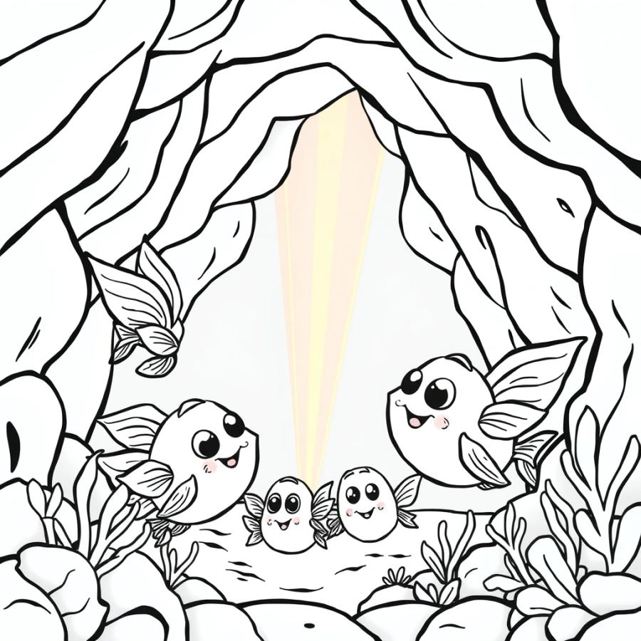 Angelfish Family Watching A Laser Light Show In A Cave Coloring Page
