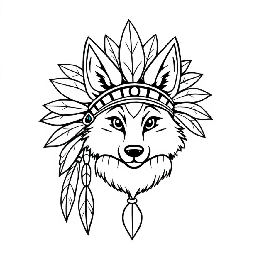 Wolf Wearing A Tribal Feather Headdress Coloring Page