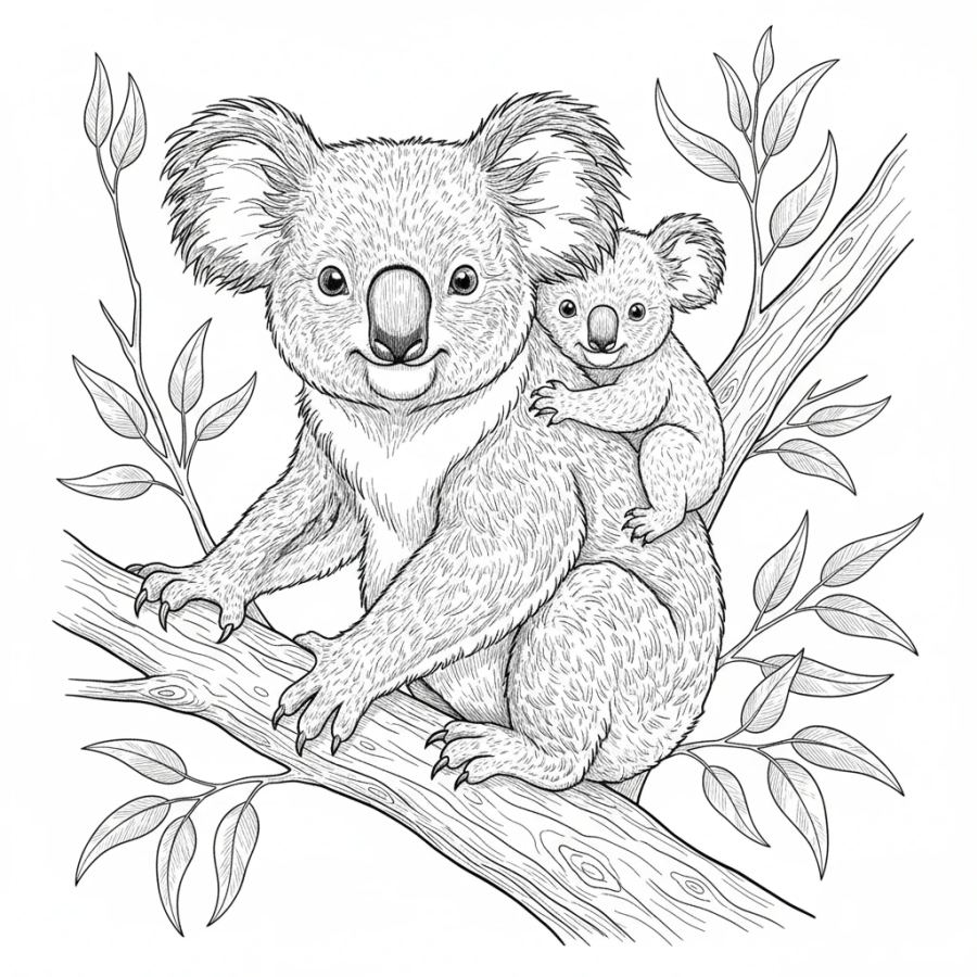 Koala With Baby On Its Back Coloring Page