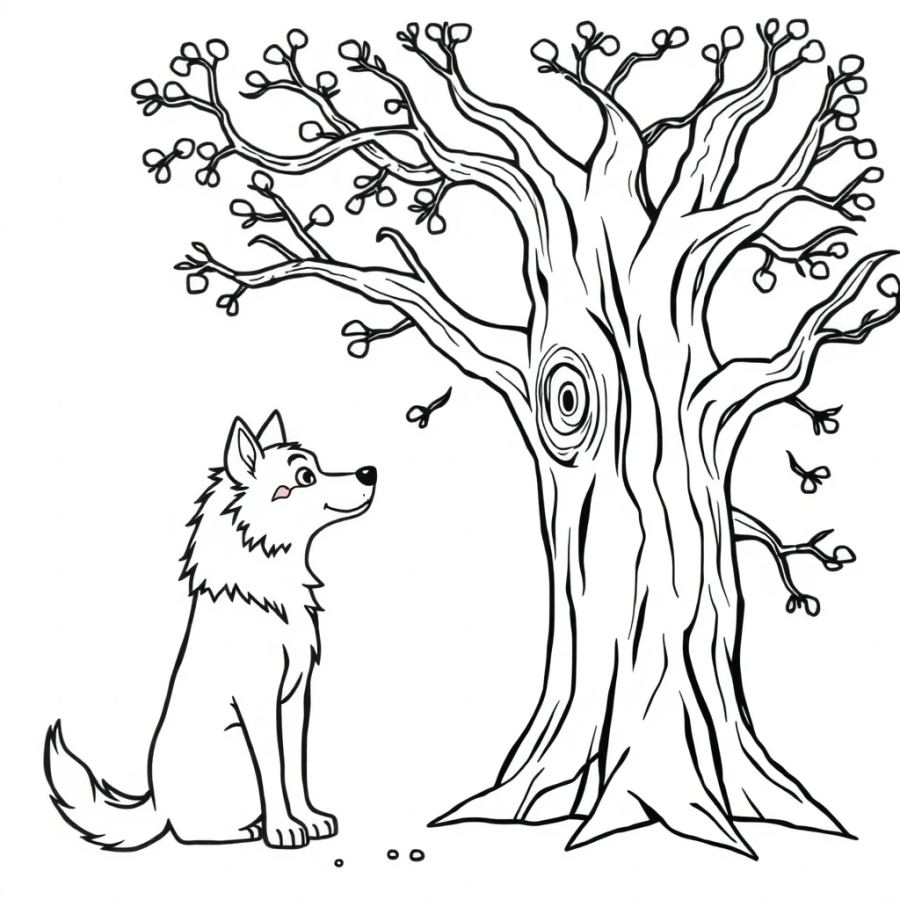 Wolf Talking To An Ancient Tree Spirit Coloring Page