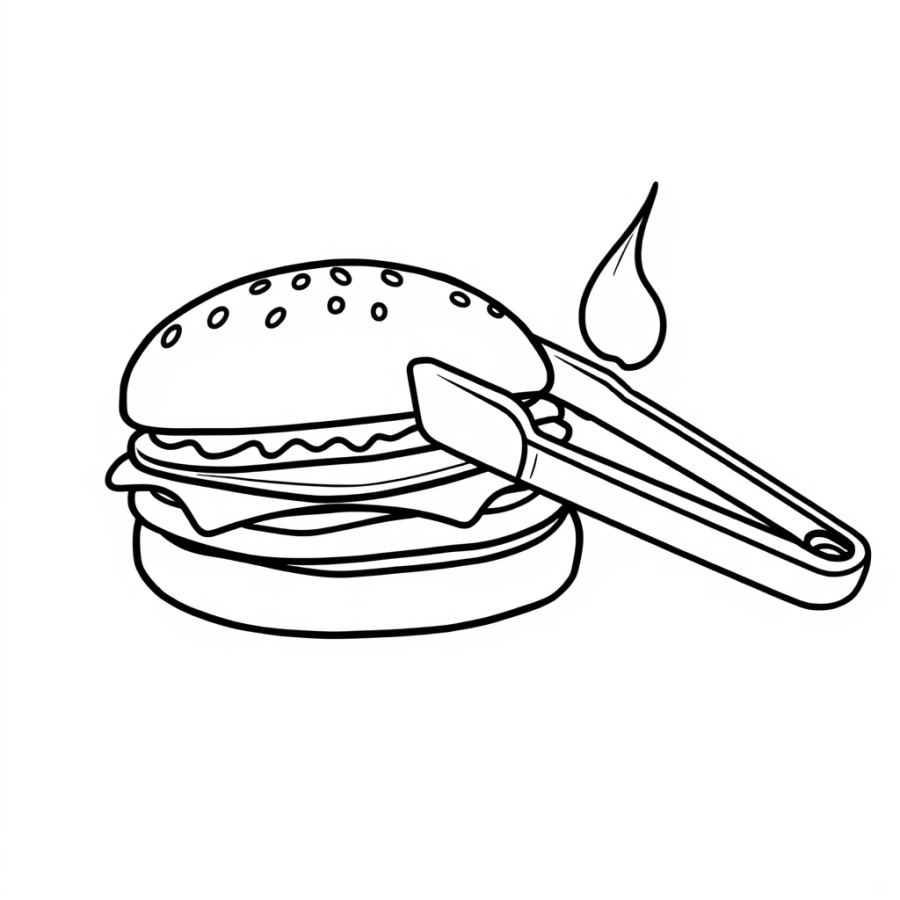 Burger Next To Grilling Tongs Coloring Page
