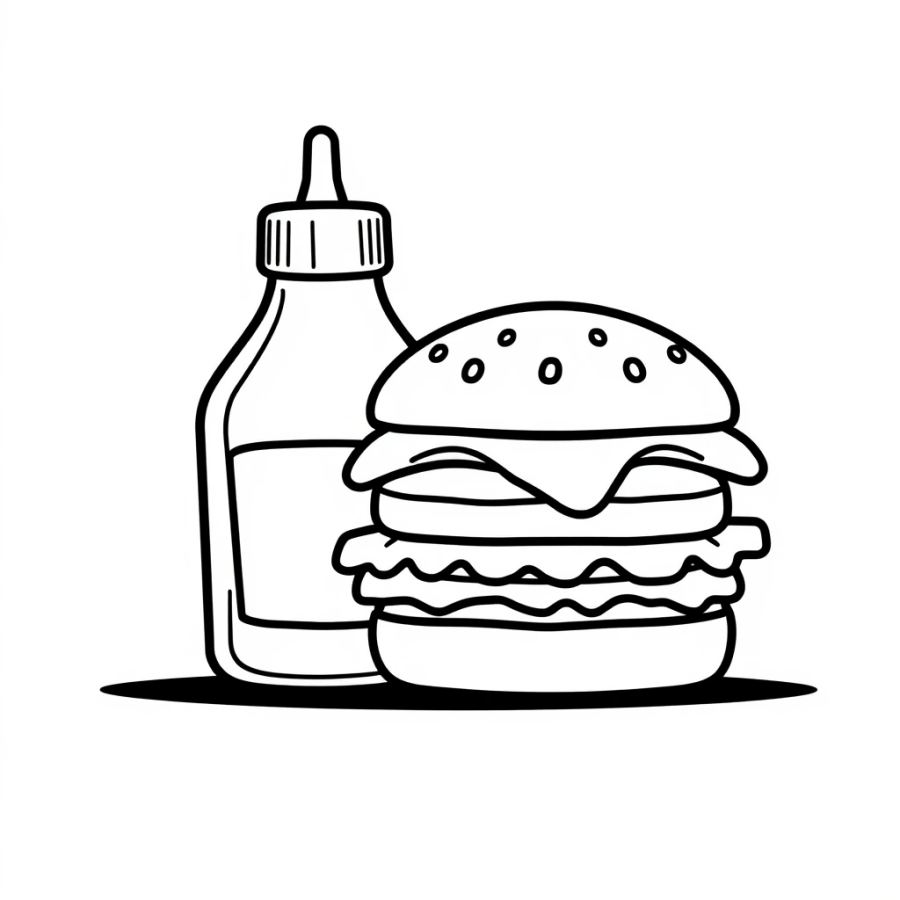 Burger Next To Ketchup Bottle Coloring Page