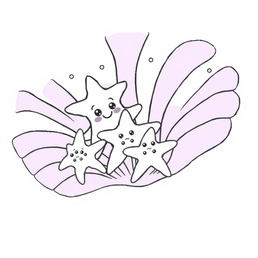 Starfish Family Floating On A Cosmic-Looking Purple Sea Fan Coloring Page