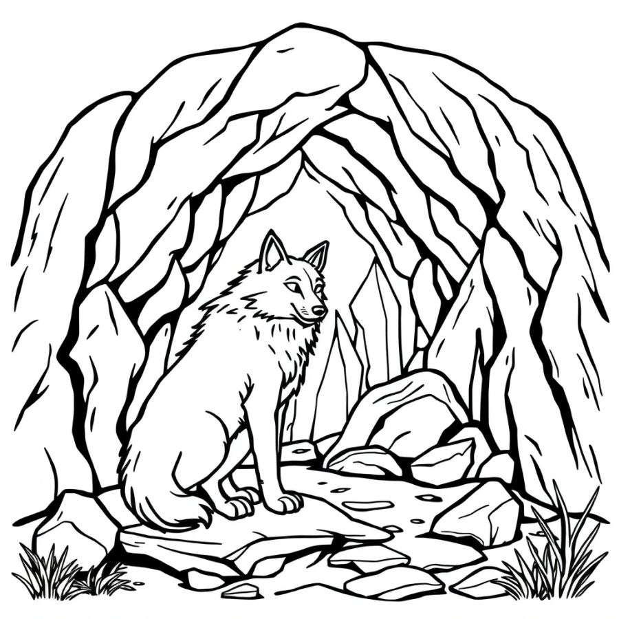 Wolf Guarding A Glowing Crystal Cave Coloring Page