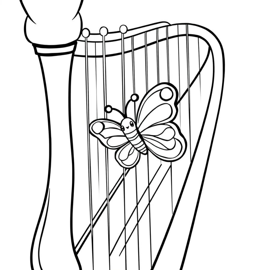 Butterfly Landing On The Strings Of A Harp Coloring Page