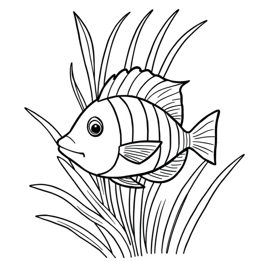 Tropical Fish Brushing Against A Tall Spiraling Blade Of Seagrass Coloring Page