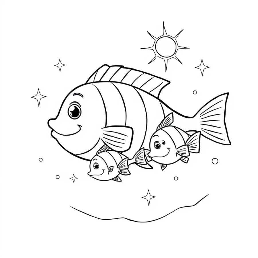 Tropical Fish Family Gliding Through A Sparkling Sunny Current Coloring Page