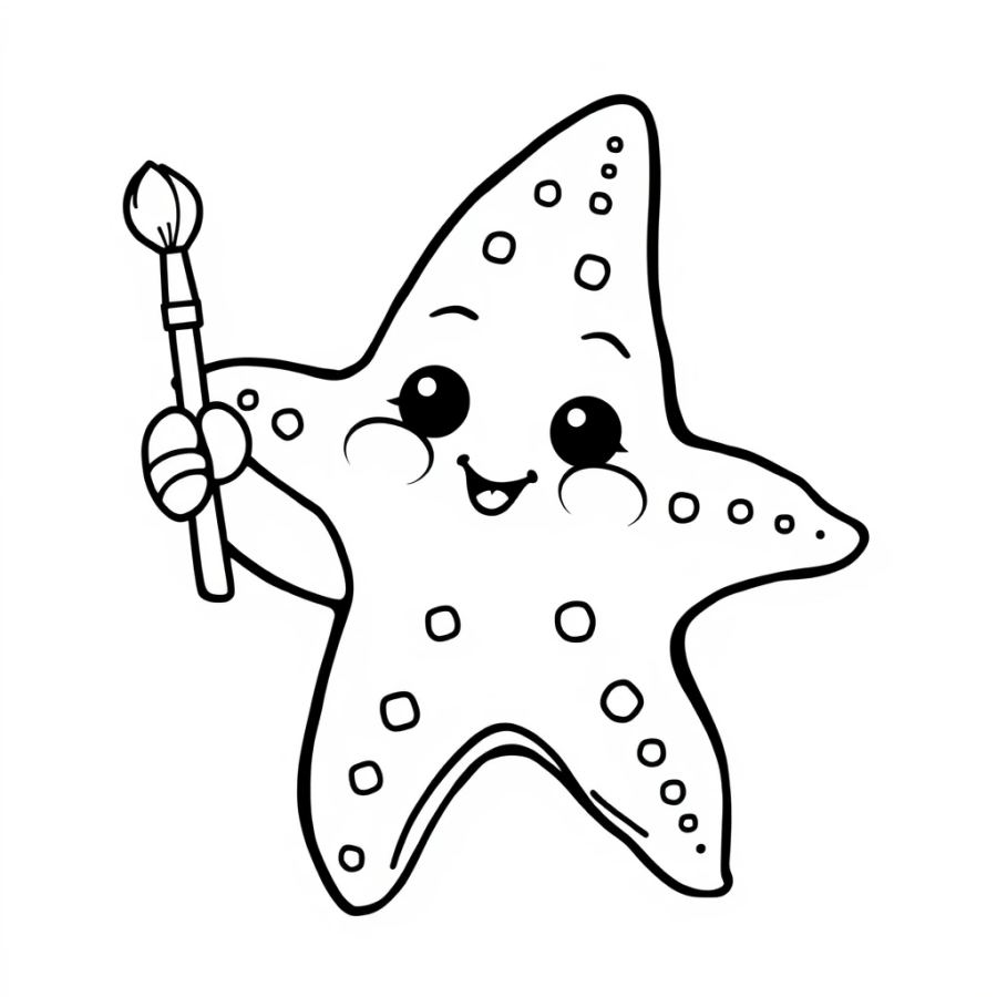 Starfish Holding A Tiny Paint Brush With One Arm Coloring Page