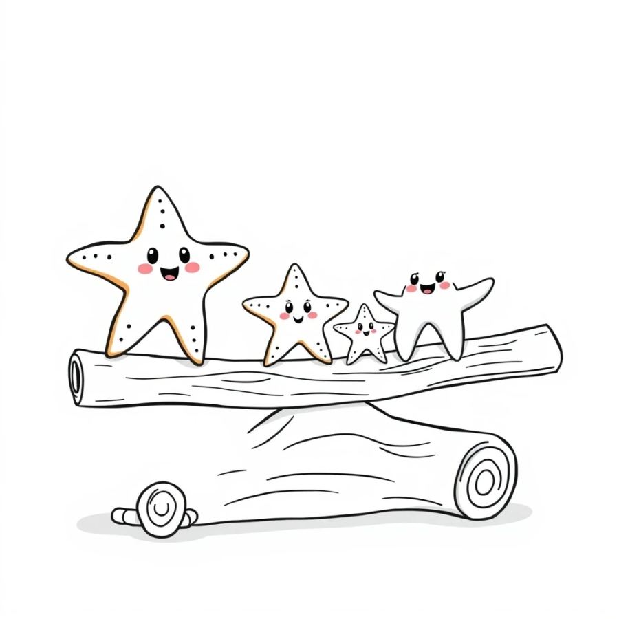 Starfish Family Balancing On A See-Saw Sea Log Coloring Page