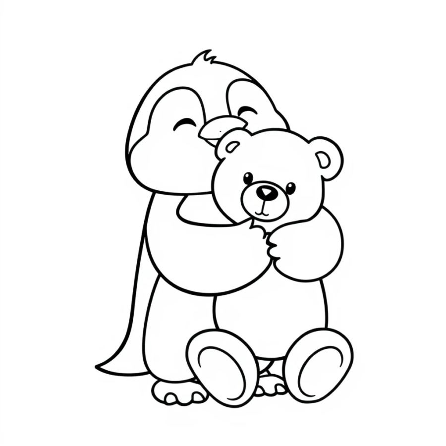 Penguin Hugging Teddy Bear Coloring Page