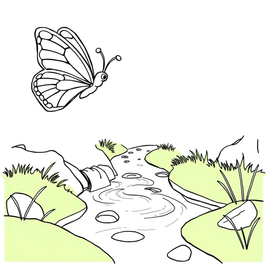 Butterfly Flying Over A Chocolate River Coloring Page
