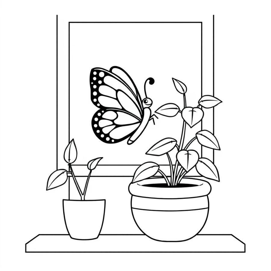 Butterfly Resting On A Potted Windowsill Plant Coloring Page