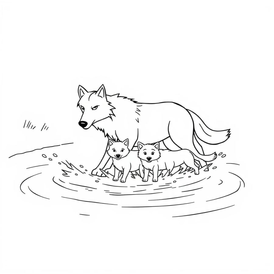 Wolf Family Splashing In A Shallow River Coloring Page