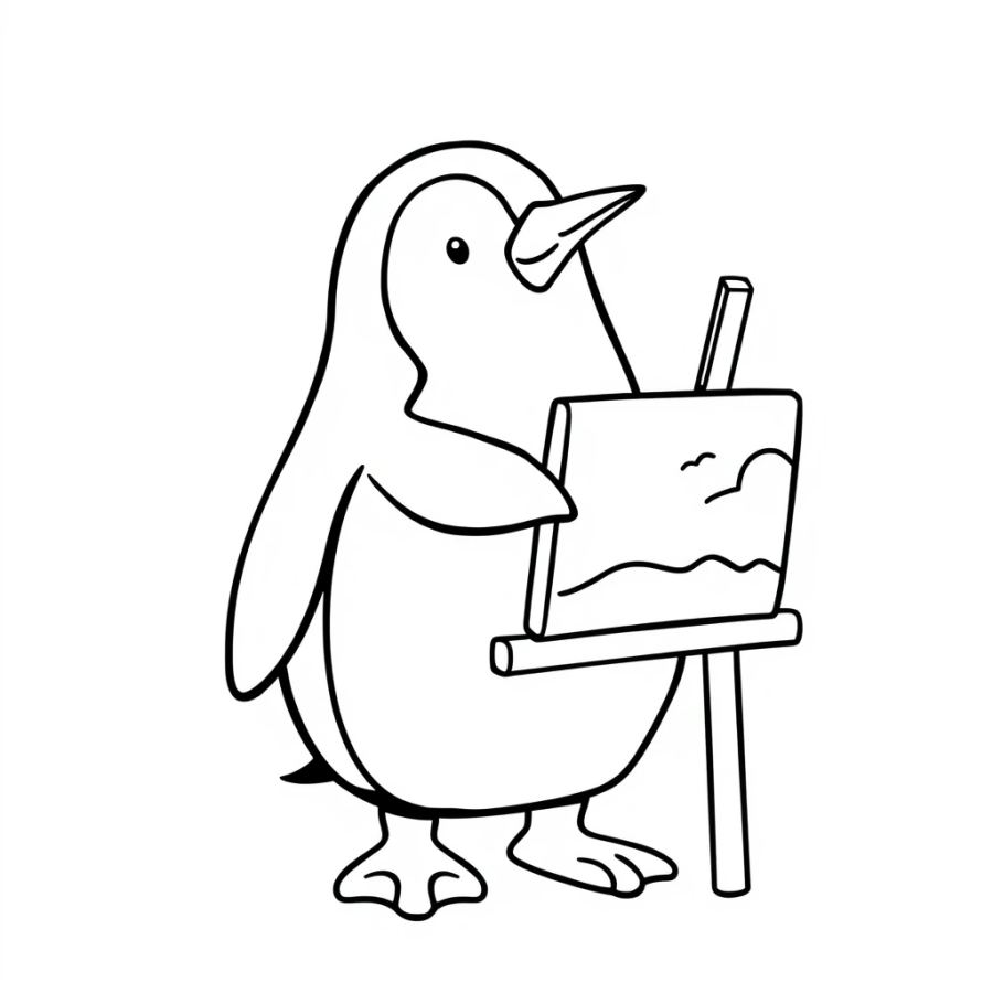 Penguin Painting On Easel Coloring Page