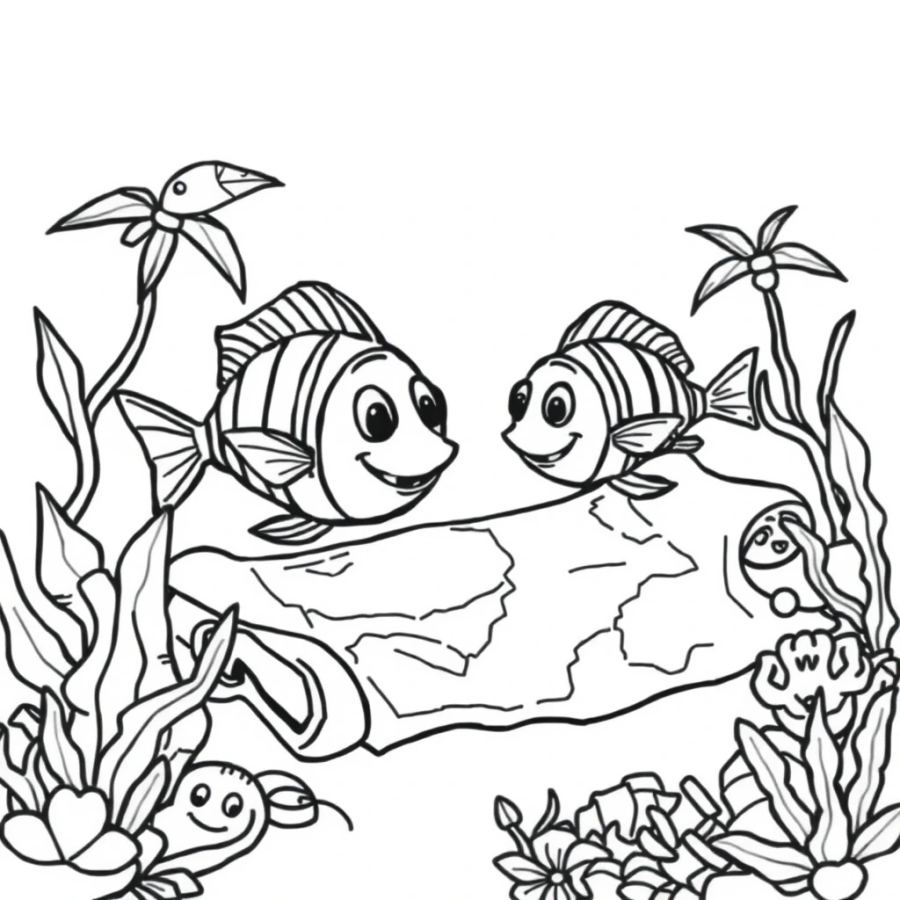 Tropical Fish Darting Over A Forgotten Treasure Map Coloring Page