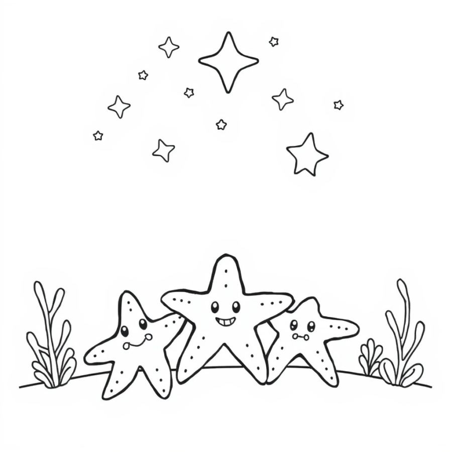 Starfish Family Staring Up At The Real Stars Above The Water Coloring Page