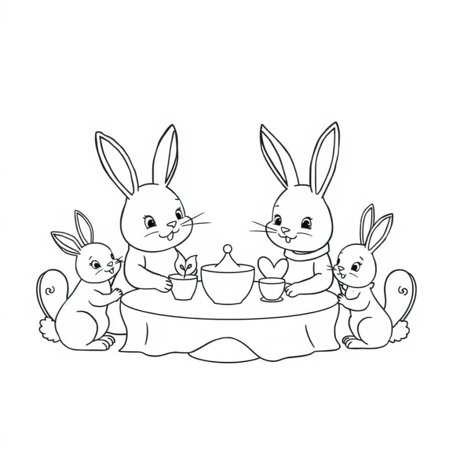 Bunny Family Having A Tea Party Coloring Page