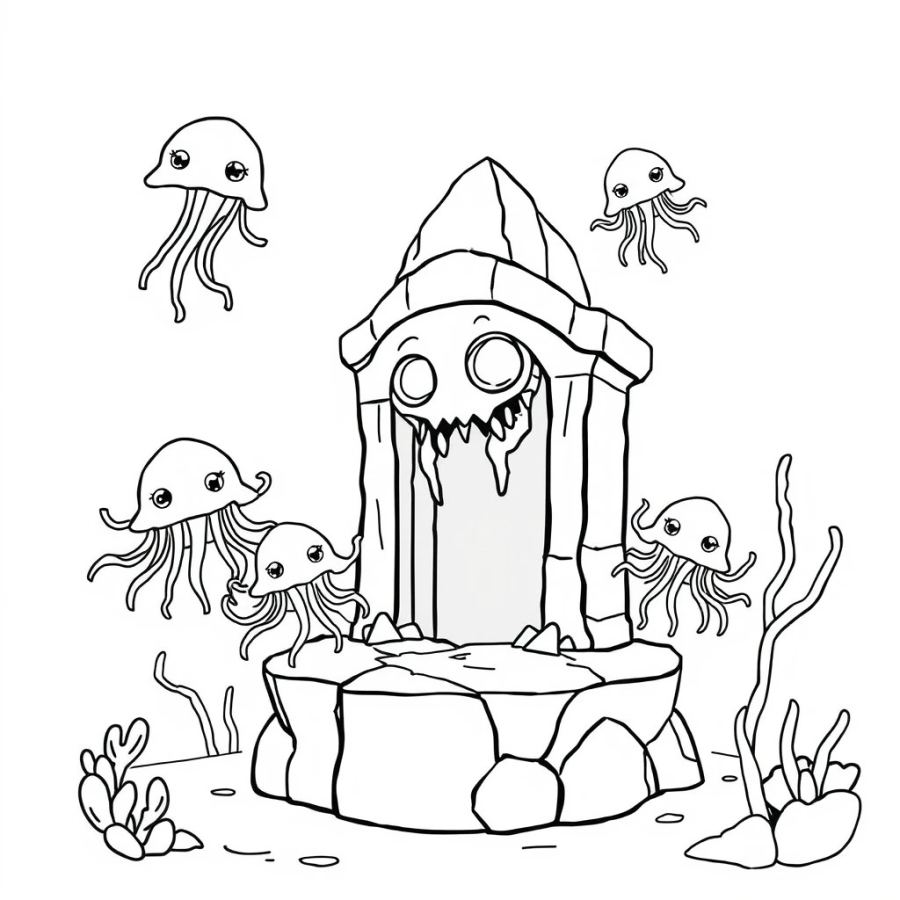 Jellyfish Floating Around A Mysterious Sunken Stone Gargoyle Coloring Page