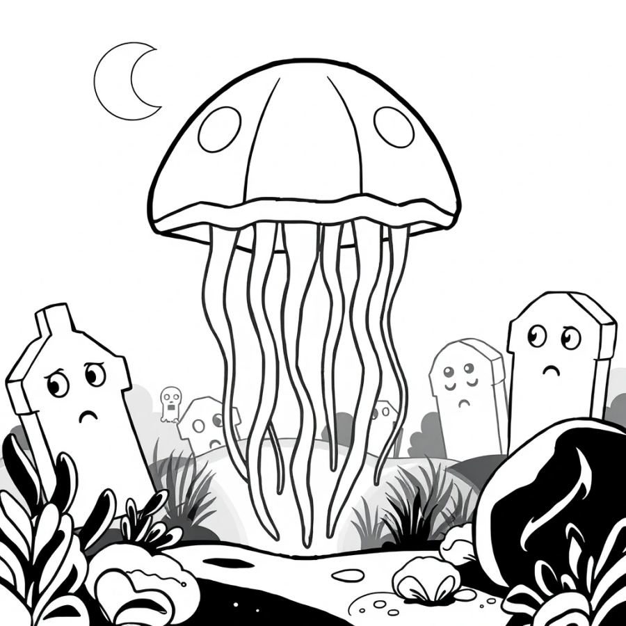 Jellyfish Glowing In A Spooky Underwater Graveyard Coloring Page