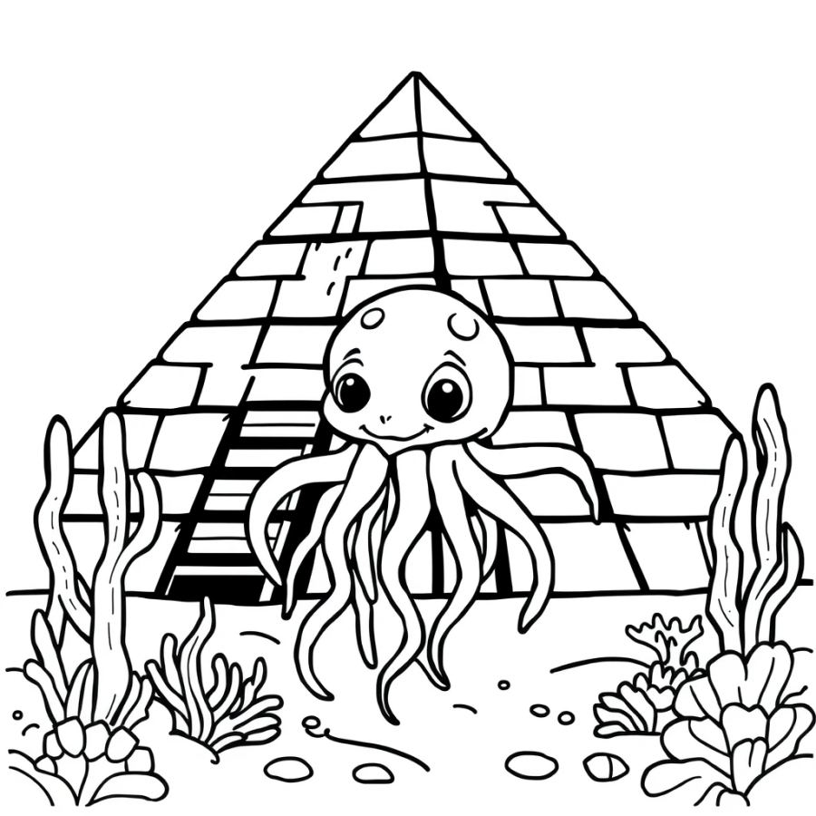 Jellyfish Exploring A Sunken Egyptian Pyramid Coloring Page