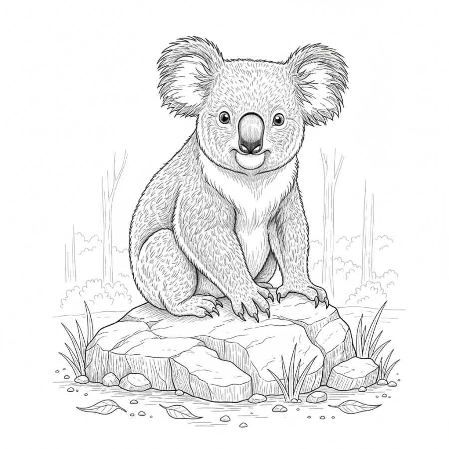 Koala Sitting On A Rock, Looking Curious Coloring Page