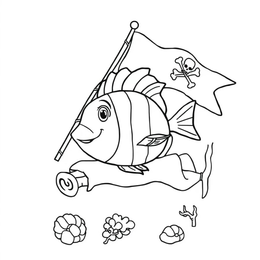 Tropical Fish Resting On A Tattered Pirate Flag On The Seabed Coloring Page