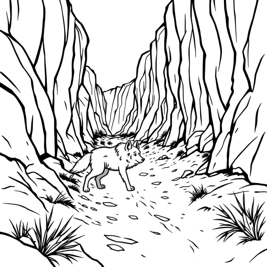 Wolf Exploring A Dusty Canyon Trail Coloring Page