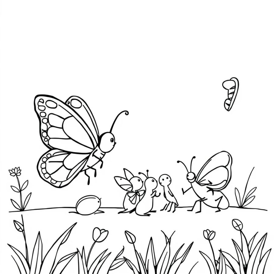 Butterfly Family Listening To A Cricket Orchestra Coloring Page
