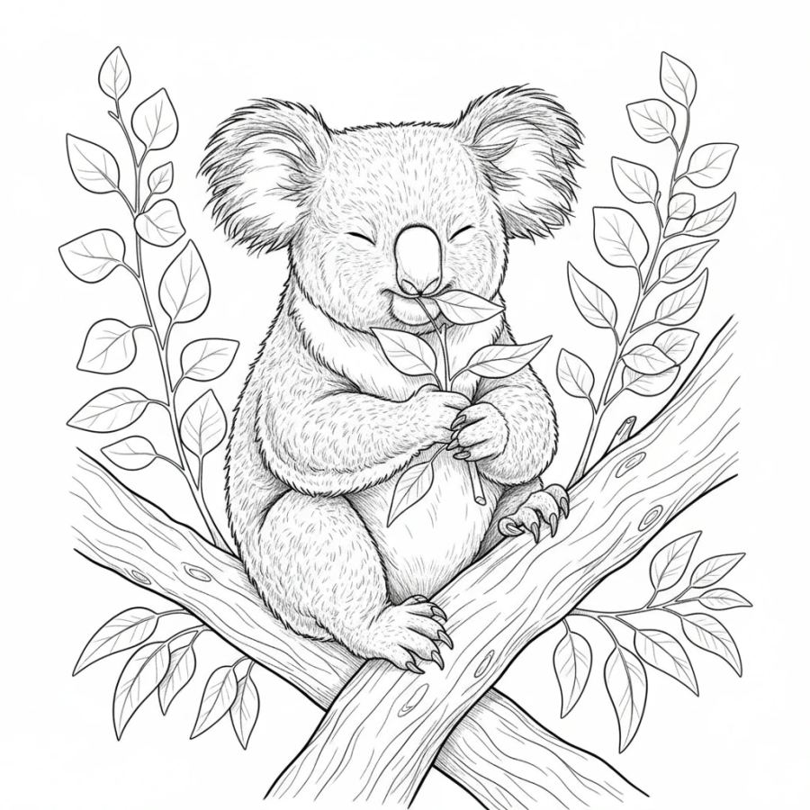 Koala Eating Eucalyptus Leaves Coloring Page