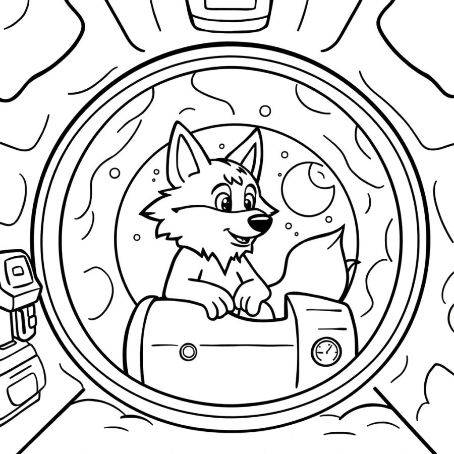 Wolf Traveling In A Time Machine Cabin Coloring Page