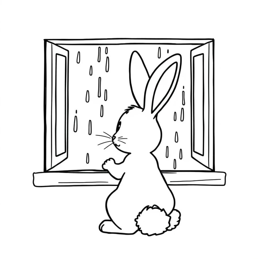 Bunny Looking Out A Rainy Window Coloring Page