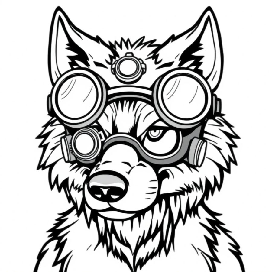 Wolf Wearing Steampunk Brass Goggles Coloring Page