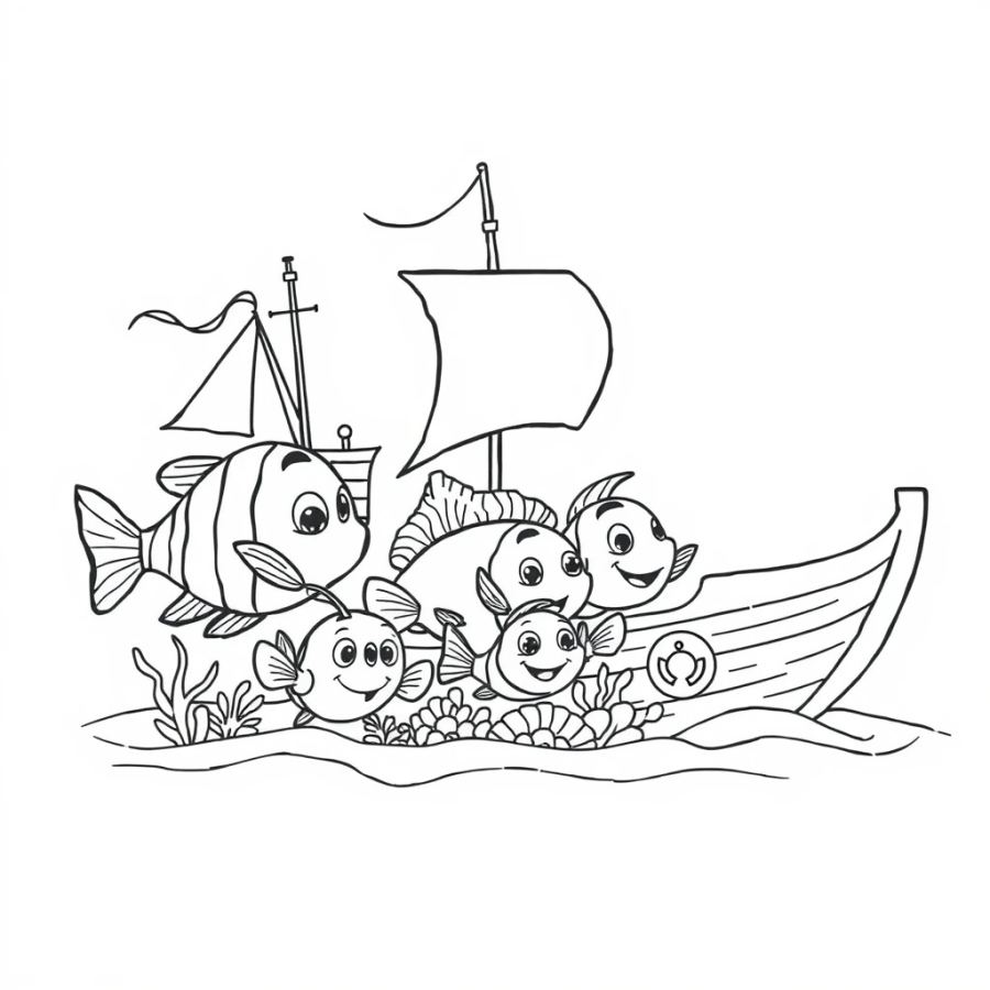 Tropical Fish Family Hiding From A Pirate Boat Shadow Coloring Page