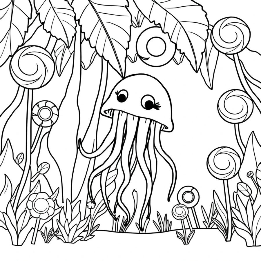 Jellyfish Bumping Into A Floating Lollipops Jungle Coloring Page