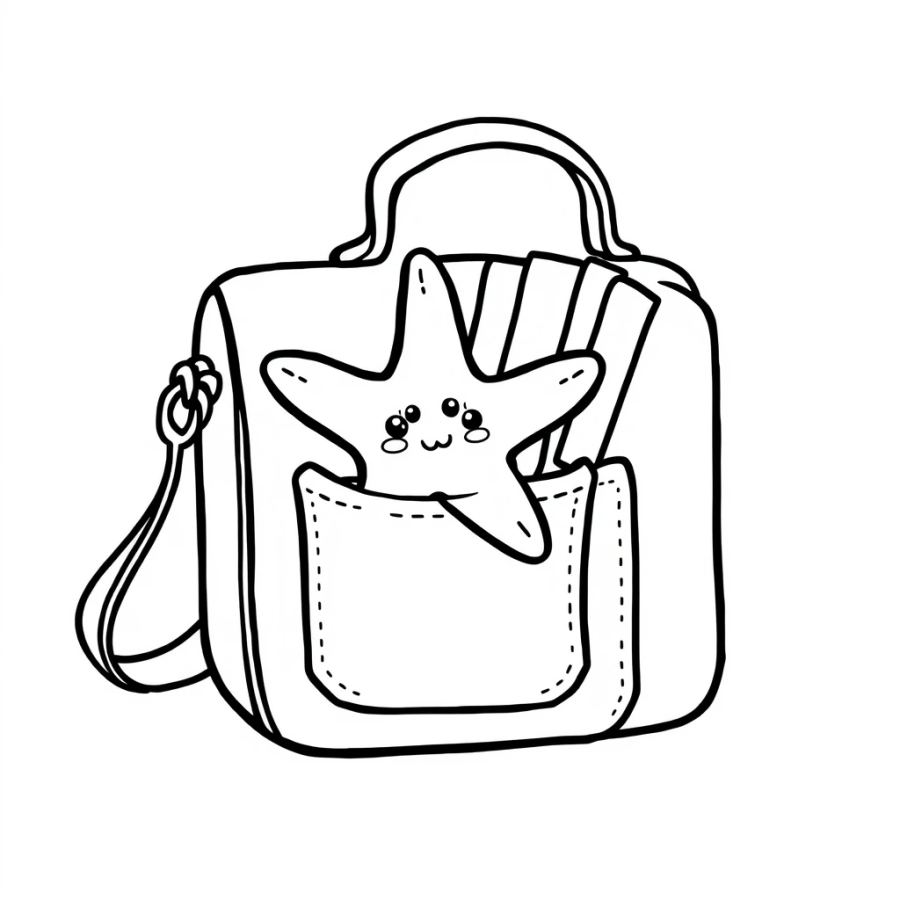 Starfish Tucked Into A Pocket Of A Floating Library Satchel Coloring Page