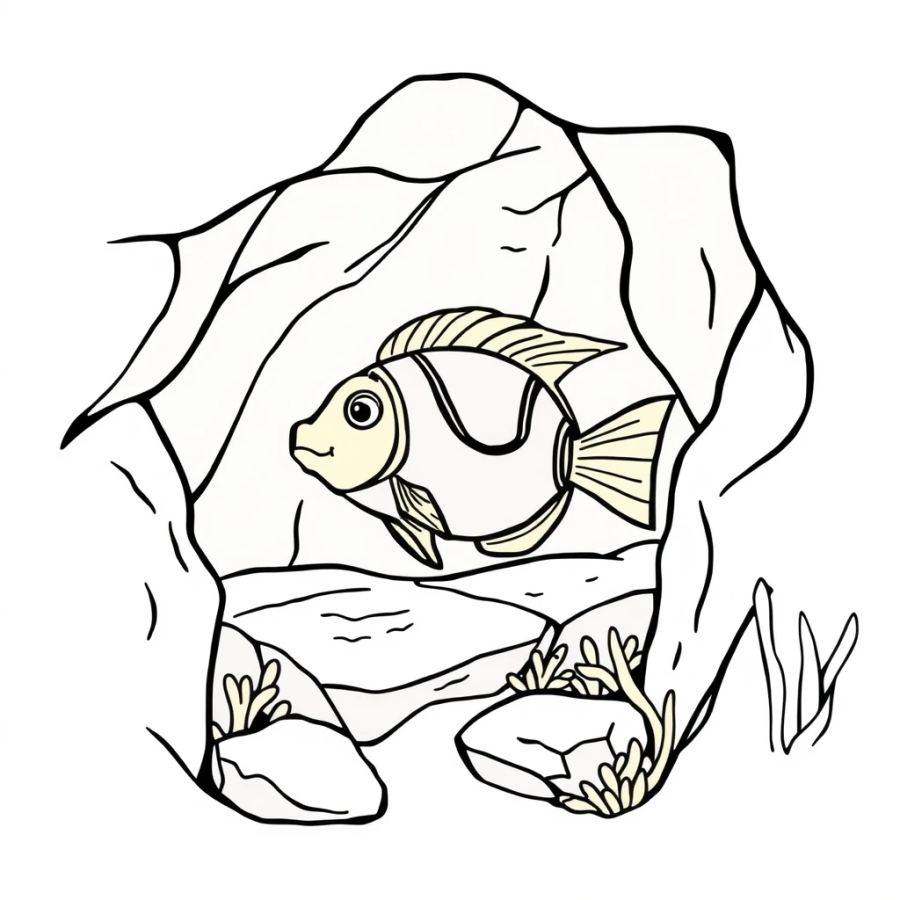 Tropical Fish Resting In A Shady Underwater Rock Crevice Coloring Page