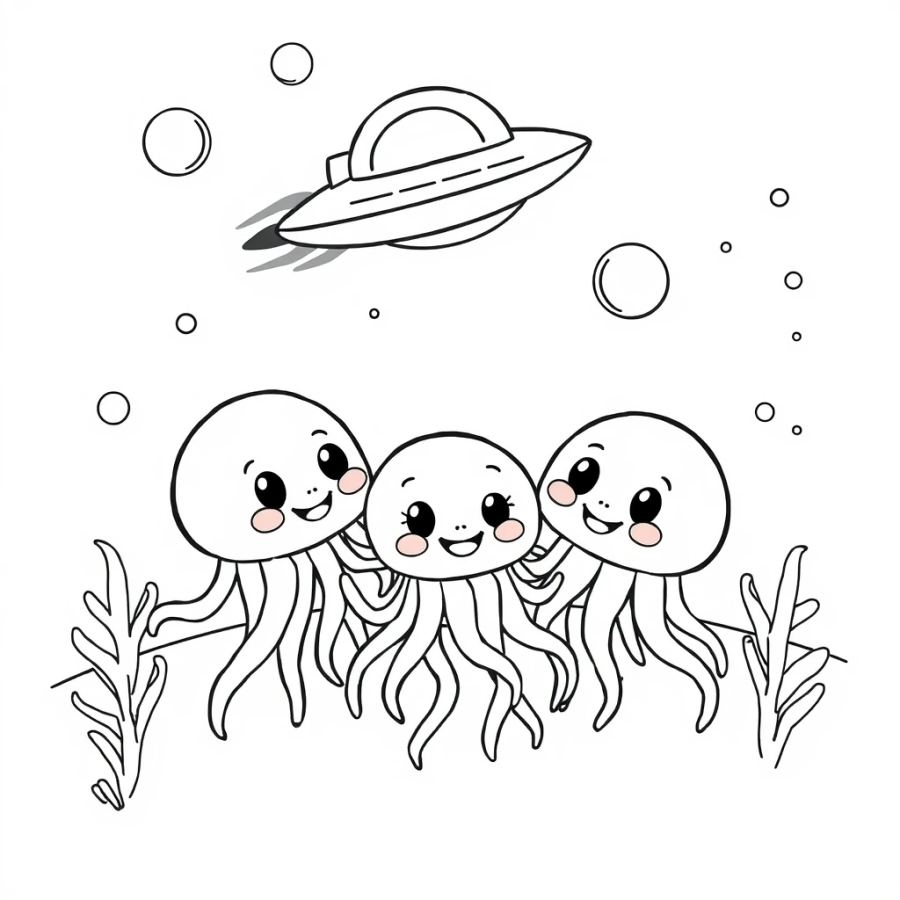 Jellyfish Family Watching An Alien Spaceship Fly By Coloring Page