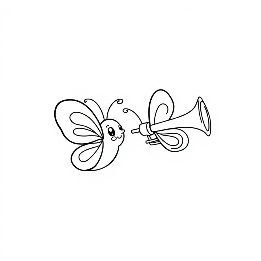 Butterfly Fluttering Near A Blowing Trumpet Coloring Page