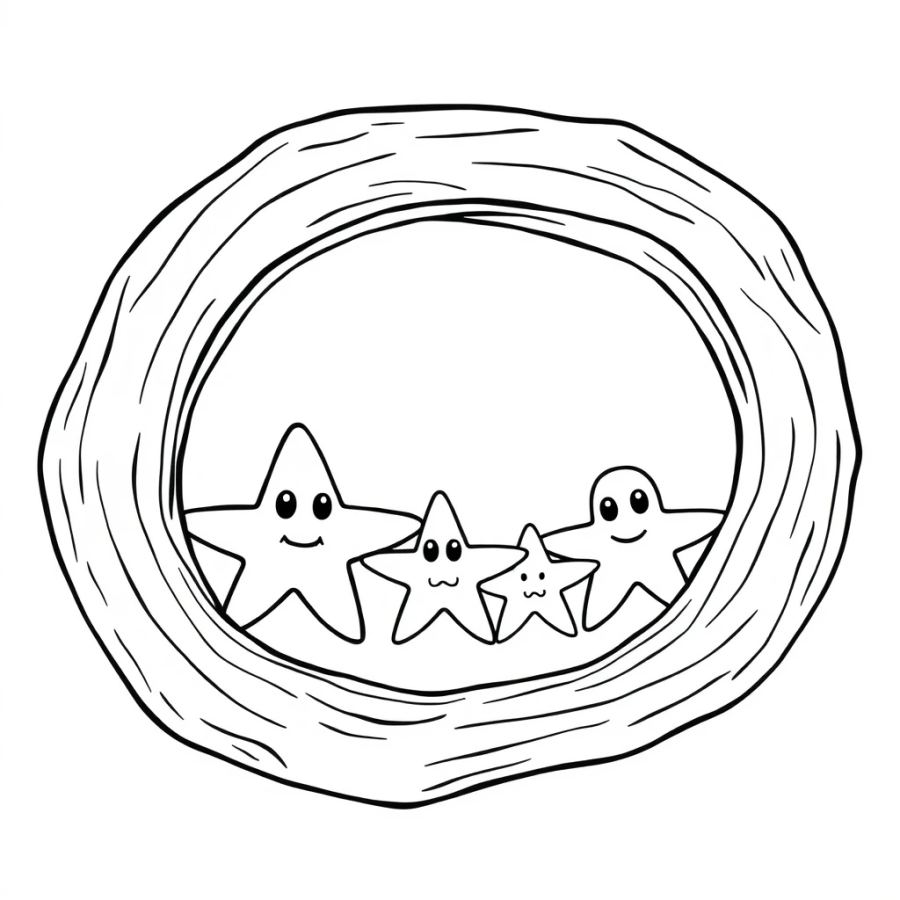 Starfish Family Framing Themselves Inside A Hollow Driftwood Picture Frame Coloring Page