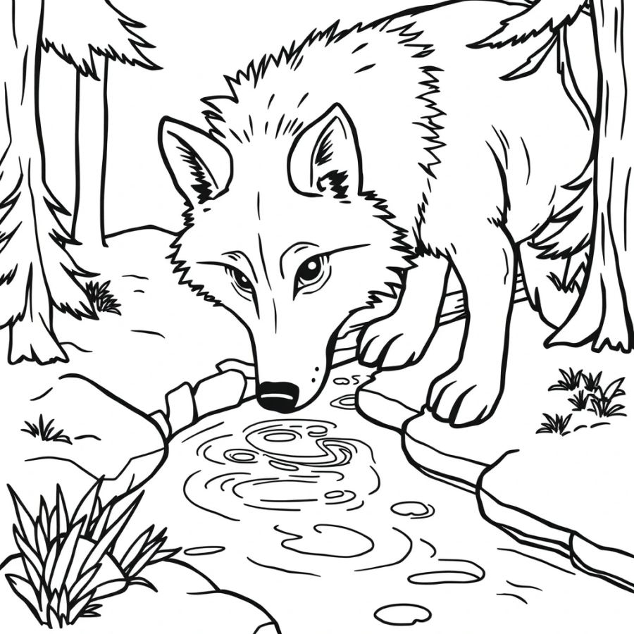 Wolf Drinking From A Crisp Forest Stream Coloring Page
