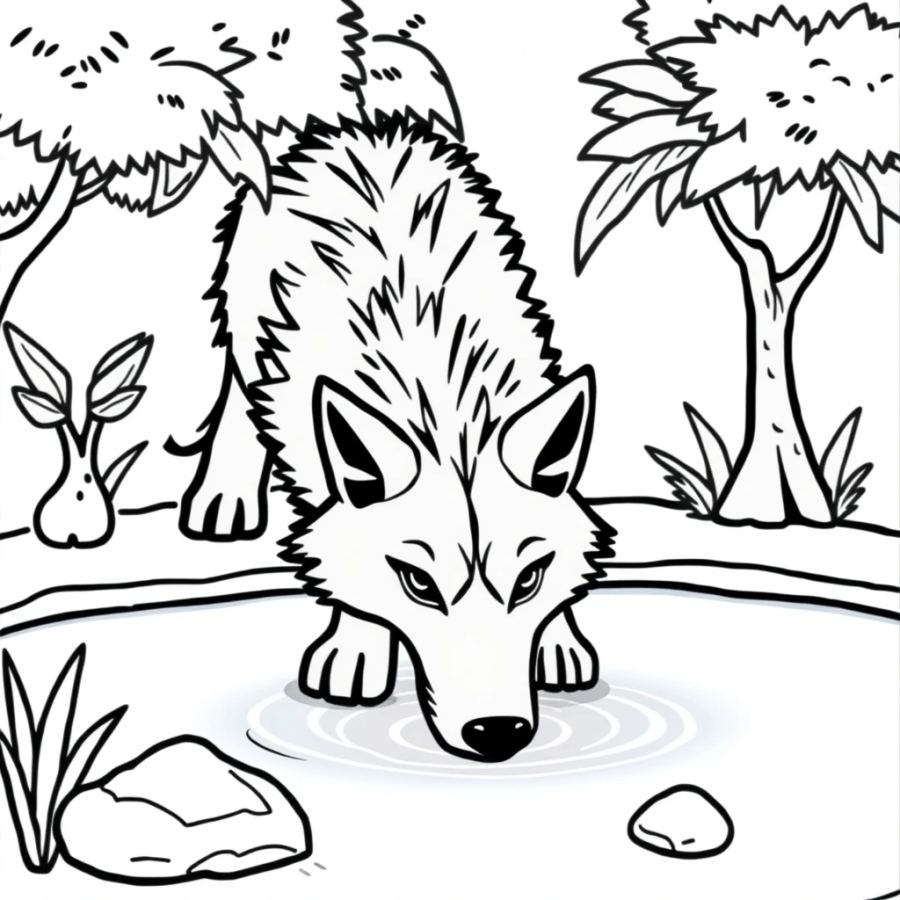 Wolf Drinking From An Oasis Pool Coloring Page