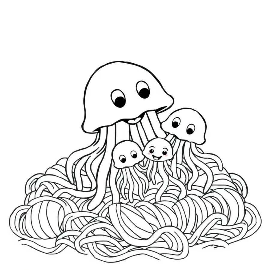 Jellyfish Family Playing Hide And Seek In A Pile Of Yarn Coloring Page
