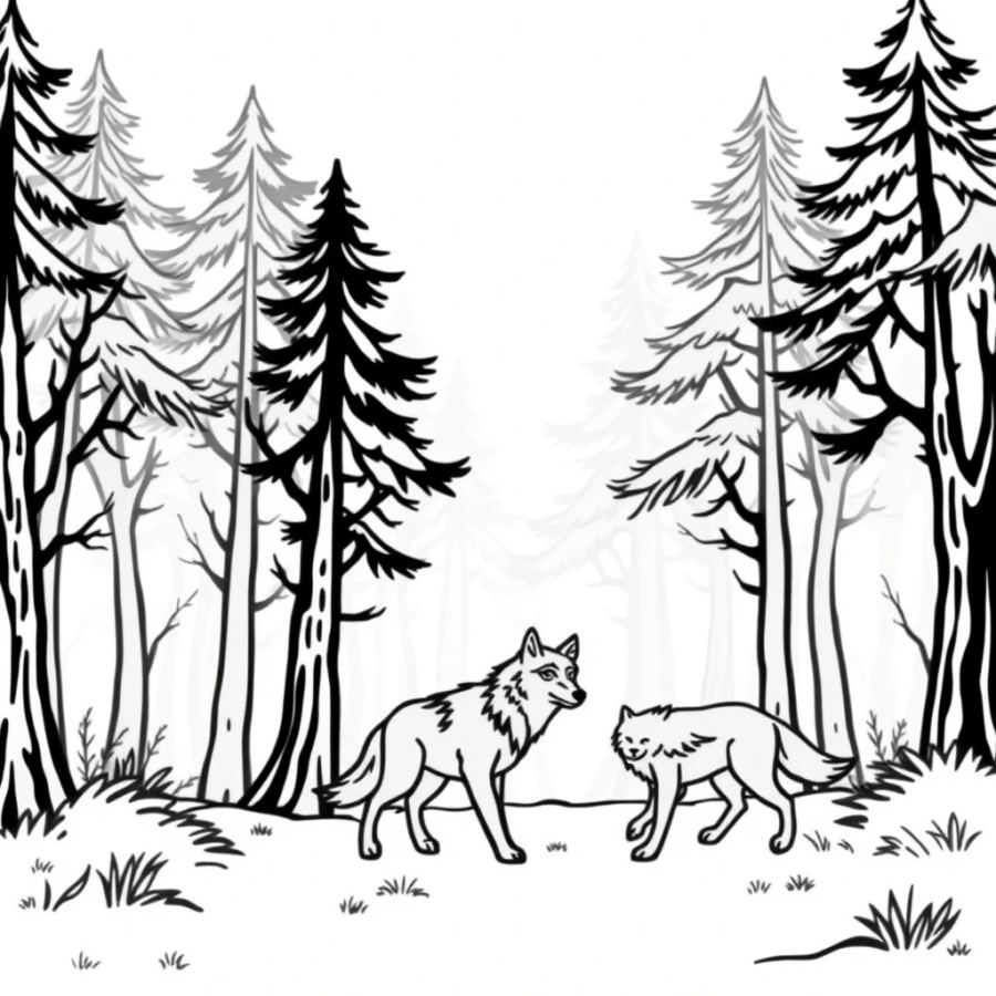 Wolf Family Walking Through A Foggy Morning Forest Coloring Page