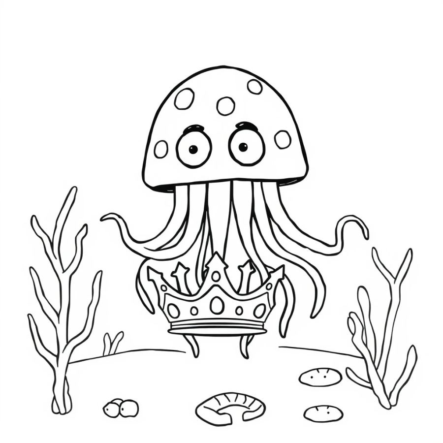 Jellyfish Guarding A Long-Lost Royal Crown On The Sea Floor Coloring Page