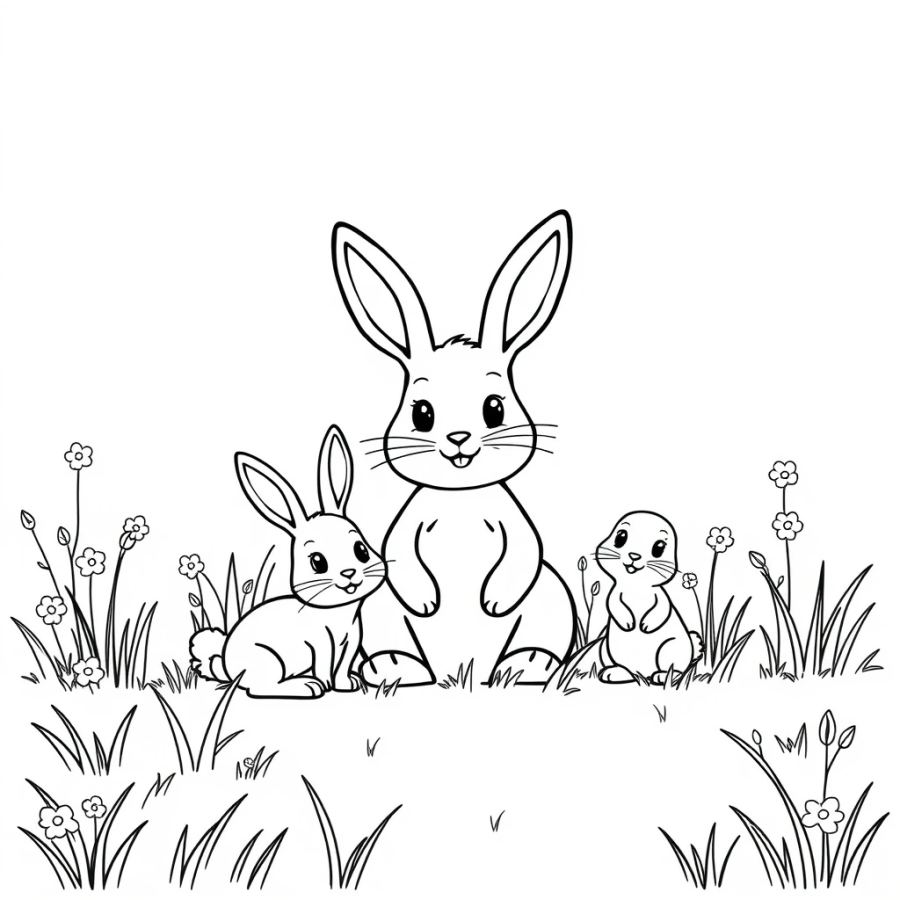 Bunny Family In A Meadow Coloring Page