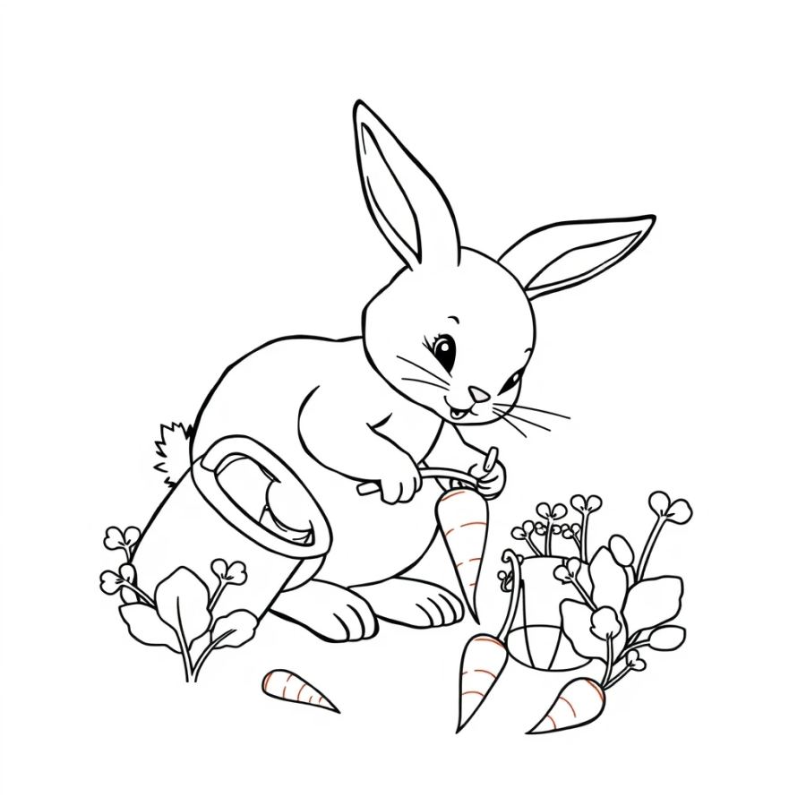 Bunny Watering Carrots Coloring Page