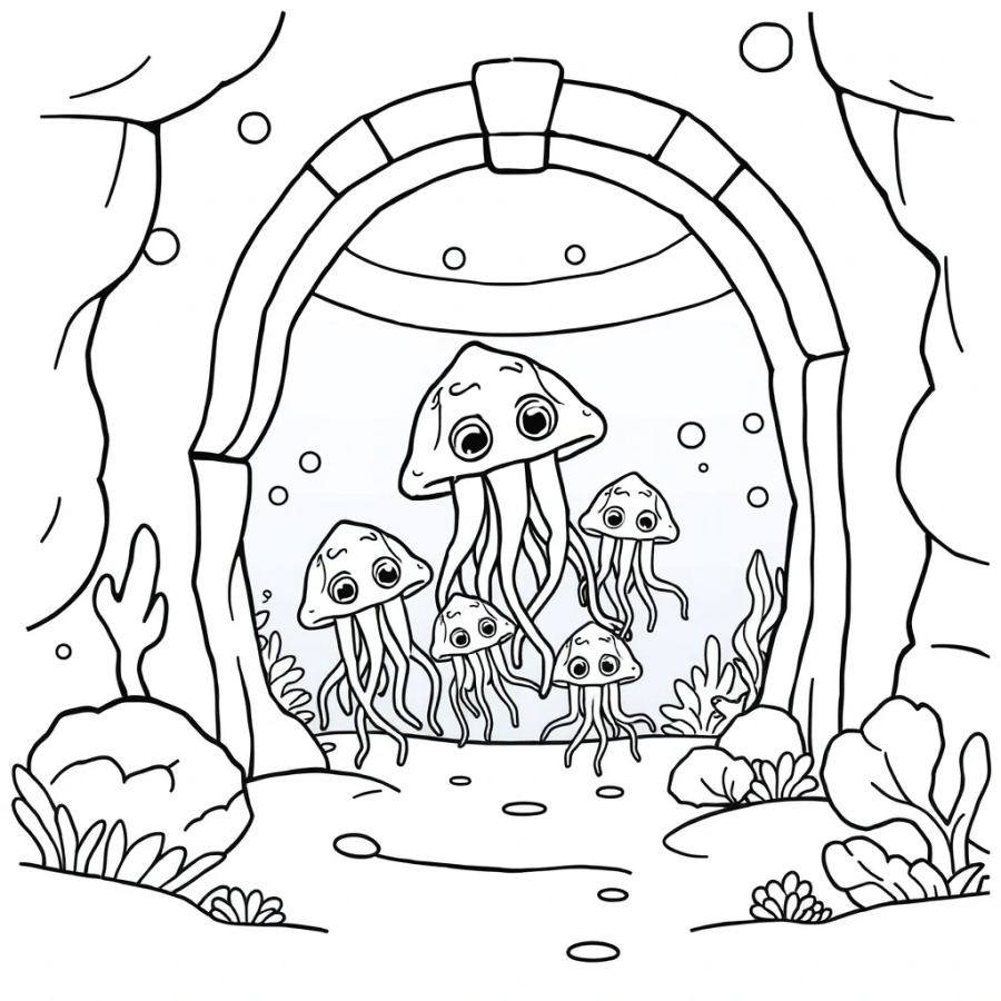 Jellyfish Family Swimming Through A Sunken Palace Doorway Coloring Page