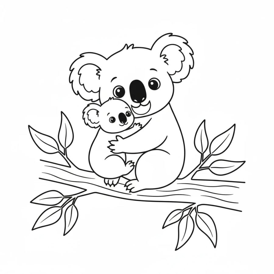 Baby Koala Hugging Its Mother Coloring Page